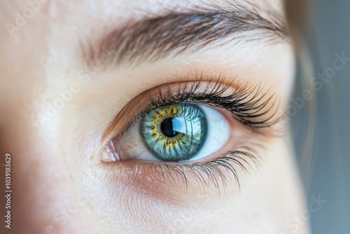 Close-up of a pair of expressive human eyes, with vibrant and detailed irises, surrounded by soft skin and delicate eyelashes, and ample blank space for commercial text about vision and eye care