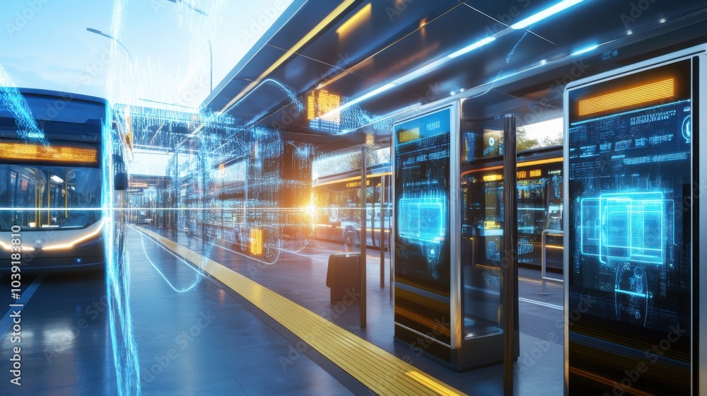 An advanced urban transit system with autonomous electric buses and smart ticketing kiosks, Modern transportation theme, Sleek style An advanced urban transit system with autonomous electric buses and smart ticketing kiosks, Modern transportation theme, Sleek style