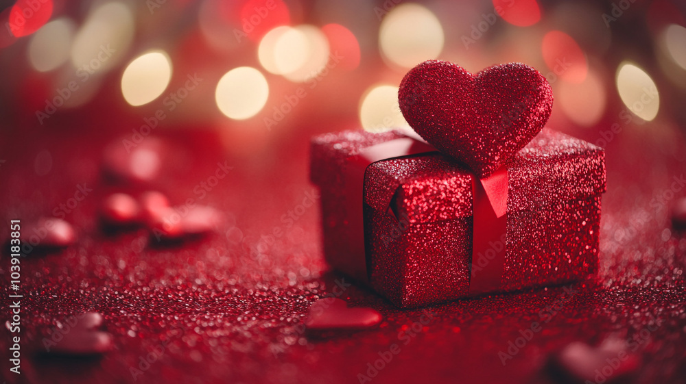 Shiny red gift box with a heart decoration on a festive table surrounded by sparkling lights Shiny red gift box with a heart decoration on a festive table surrounded by sparkling lights