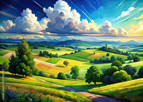 Vibrant low poly summer meadow beneath a radiant blue sky, adorned with fluffy clouds, captures serene green fields bathed in soft, low-light ambiance. photo