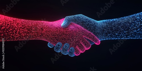 Digital handshake symbolizing partnership and collaboration between technology and humanity.