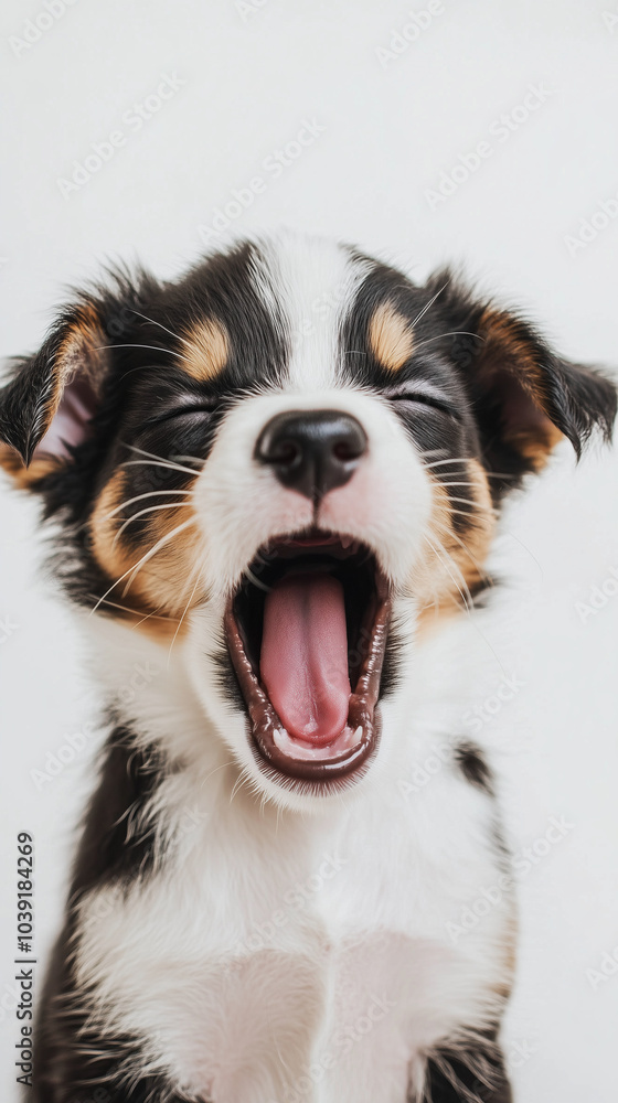A close-up image of a puppy mid-yawn, with its mouth wide open and eyes half-closed. Suitable for topics such as fatigue, sleepiness, etc.