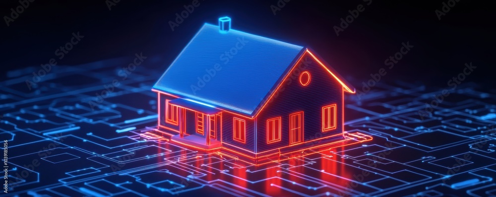 3D house with neon lights on a digital blueprint background. 3D house with neon lights on a digital blueprint background.