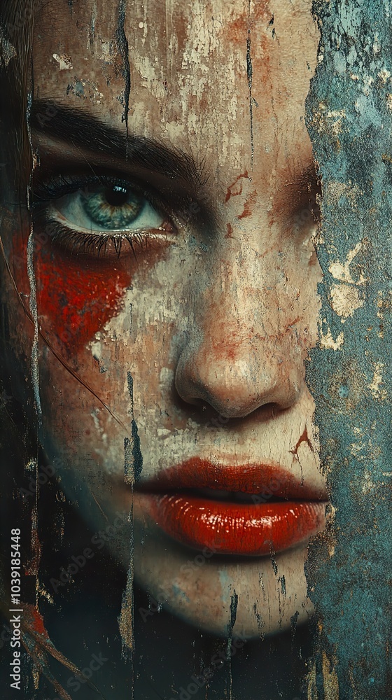 Intense Portrait of a Woman with Red Lips and Grunge Texture Intense Portrait of a Woman with Red Lips and Grunge Texture