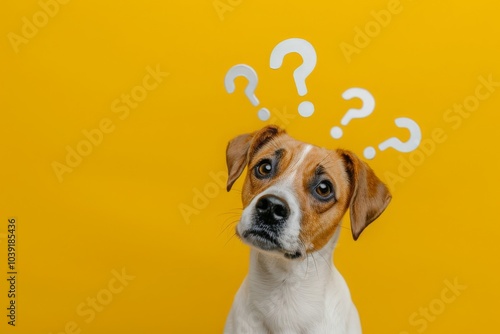 Cute confused little dog with question marks isolated on yellow background. MZ