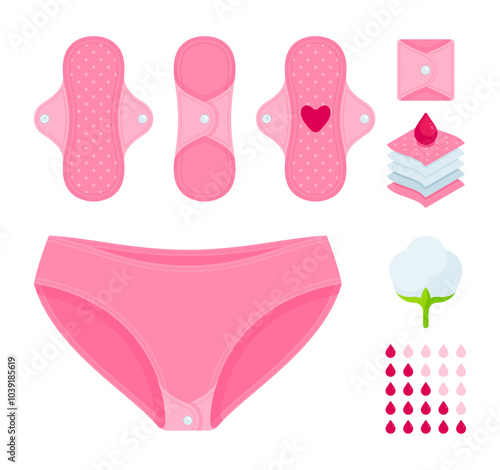 Set of reusable cloth menstrual pads, cotton panties, and hygiene elements. Personal care, women's health, eco-friendly period product concept. Flat vector illustration isolated on a white background