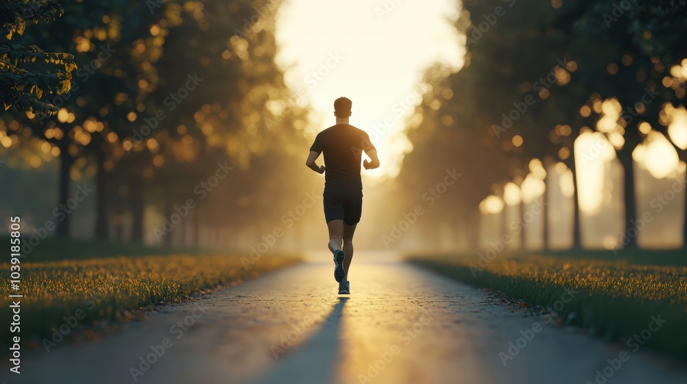 A person jogging down a scenic path surrounded by trees during sunset, capturing the essence of fitness and nature. A person jogging down a scenic path surrounded by trees during sunset, capturing the essence of fitness and nature.