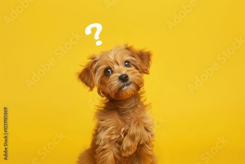Cute confused little dog with question marks isolated on yellow background. MZ