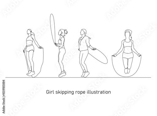 Single continuous line drawing young woman  jumping with skipping rope illustration