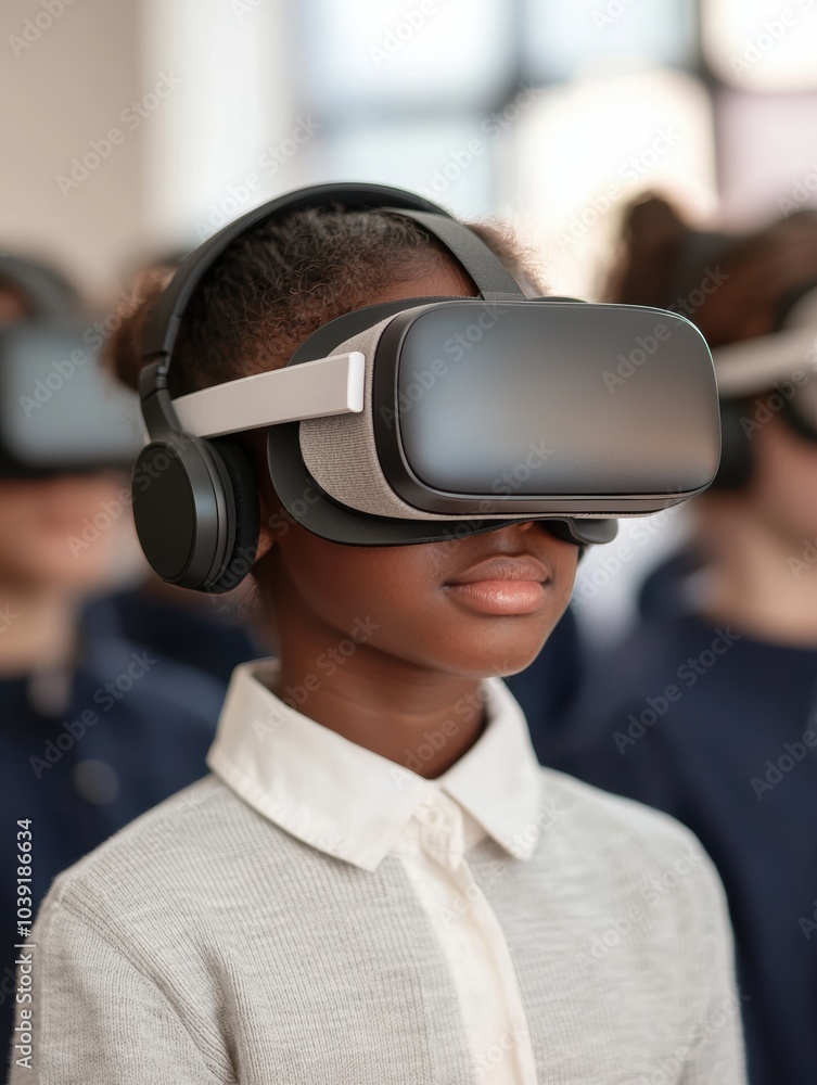 Child wearing virtual reality headset, engaging in immersive experience with peers in background. Child wearing virtual reality headset, engaging in immersive experience with peers in background.