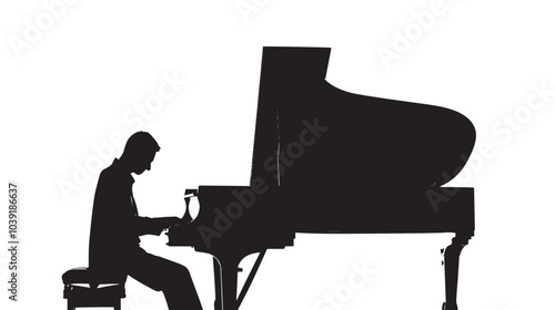 A man playing Piano silhouette isolated on white background