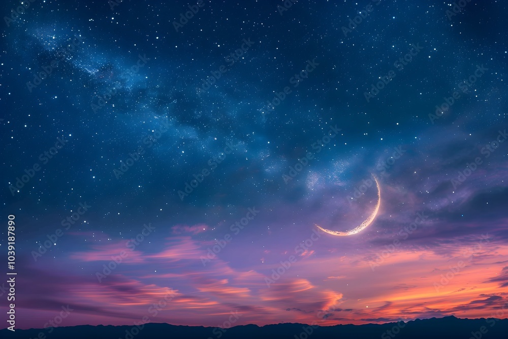 A night sky with a crescent and stars A night sky with a crescent and stars