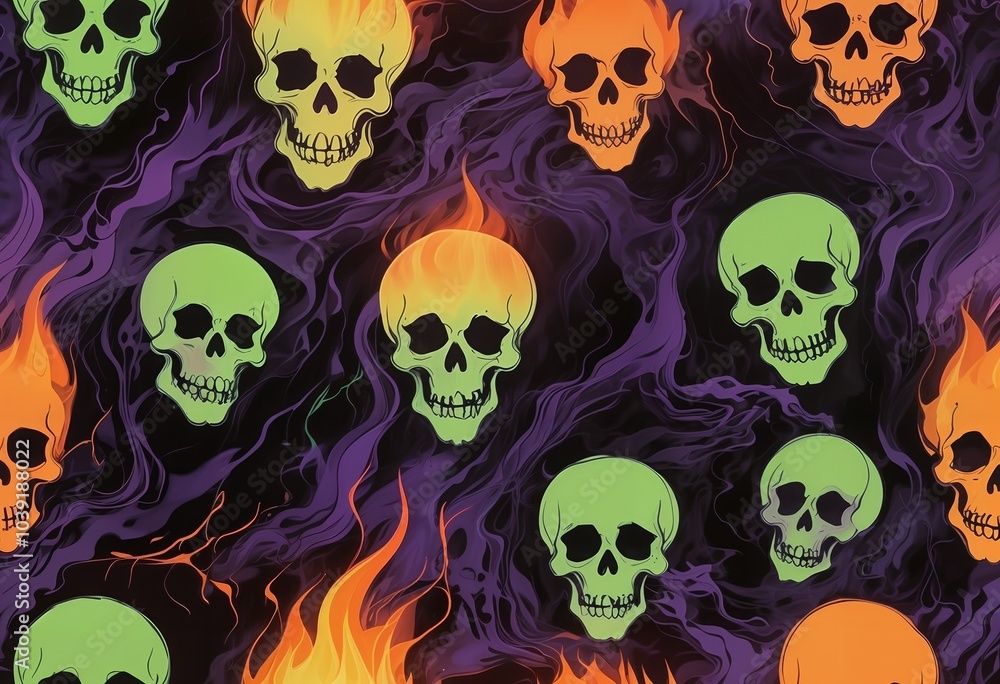 Ghostly faces and skulls. The background is a dark, smoky haze with hints of black and deep purple, Generative AI