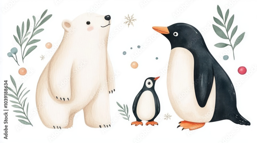 Obraz premium Cute polar bear and penguin surrounded by seasonal elements on white background.