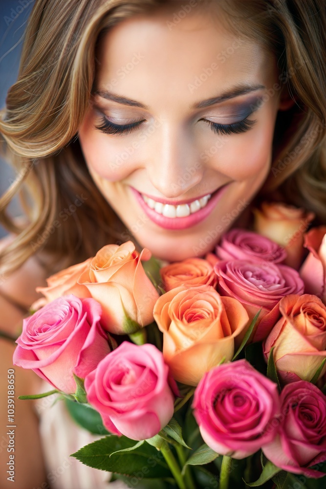 Cheerful Hispanic woman smiling while admiring bouquet of pink roses Cheerful Hispanic woman smiling while admiring bouquet of pink roses