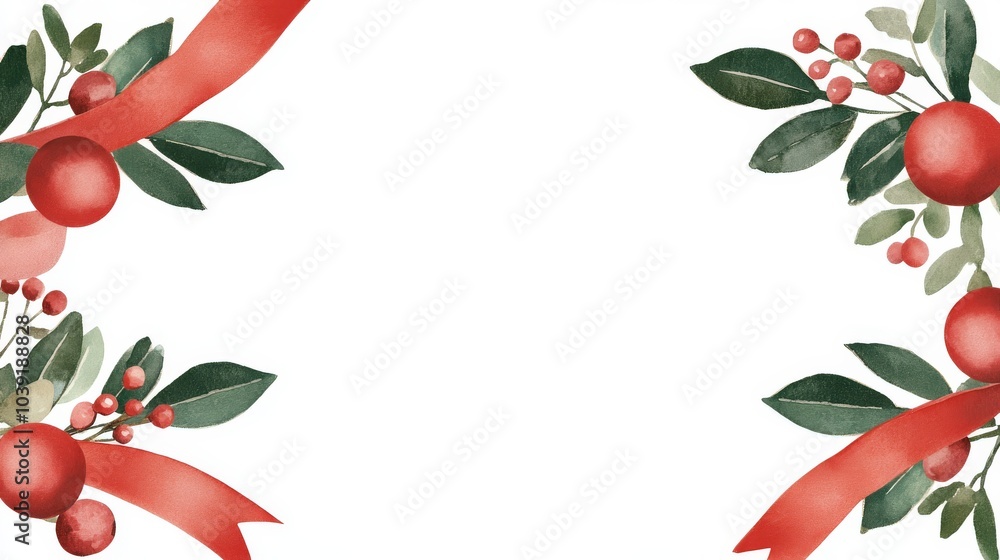 Fototapeta premium Floral frame with red ribbons and berries on a white background.