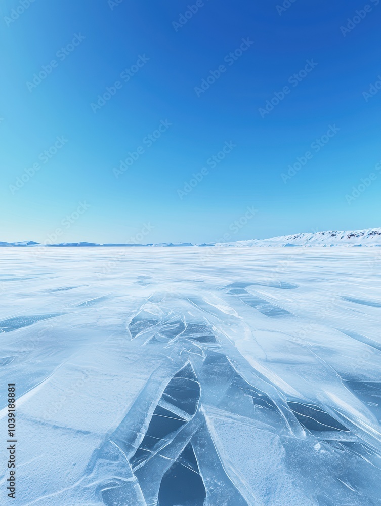 Obraz premium Frozen lake surface with crystal clear ice, under a bright blue sky, creating a serene winter landscape.