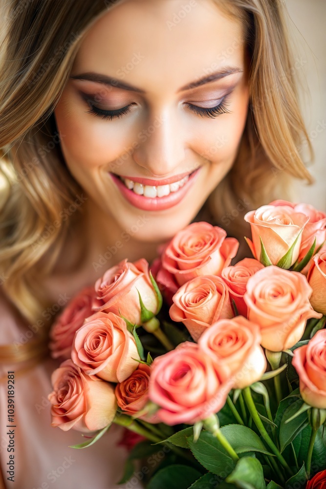 Cheerful Hispanic woman smiling brightly while holding peach roses Cheerful Hispanic woman smiling brightly while holding peach roses