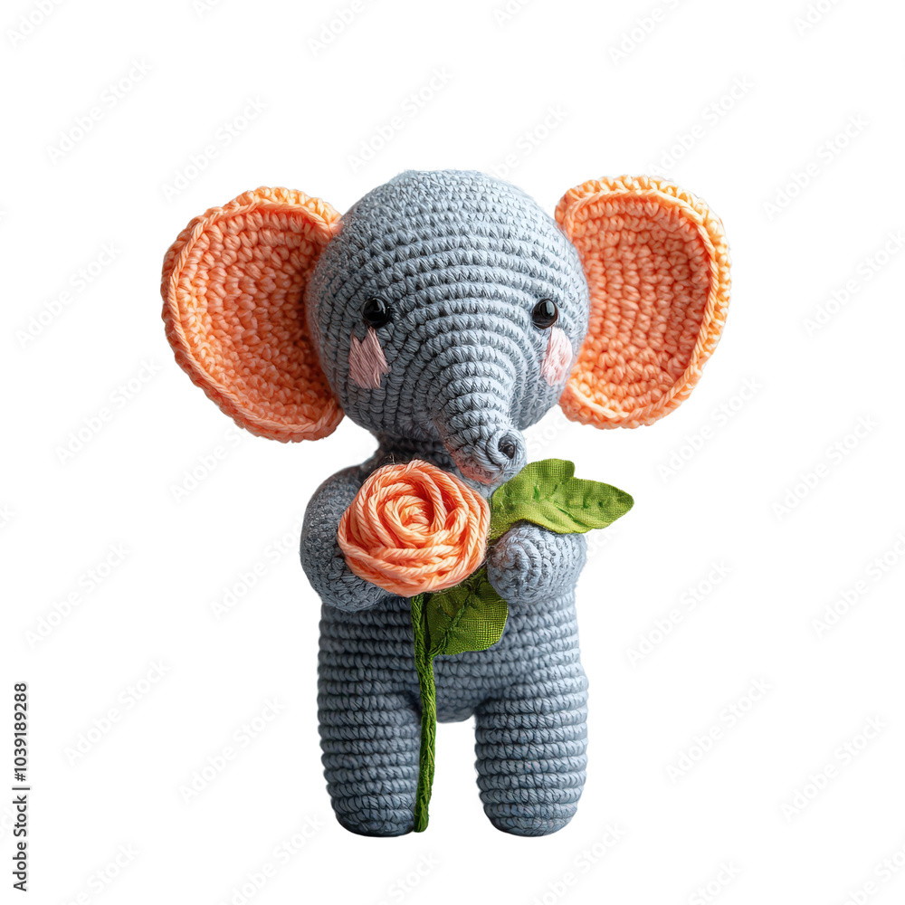 Obraz premium Adorable handmade crocheted elephant holding a beautiful rose flower in its tiny hands for a charming decor accent