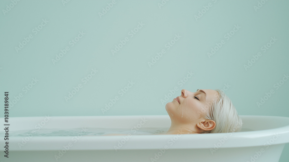 Tranquil Escape: Finding Serenity in a Bubble Bath: A woman with platinum blonde hair rests in a luxurious bathtub, surrounded by soft, frothy bubbles, eyes closed in a state of pure relaxation. Tranquil Escape: Finding Serenity in a Bubble Bath: A woman with platinum blonde hair rests in a luxurious bathtub, surrounded by soft, frothy bubbles, eyes closed in a state of pure relaxation.