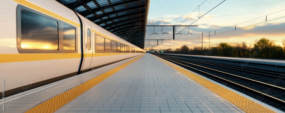 Fototapeta premium Modern train station platform during sunset, vibrant colors and empty tracks.