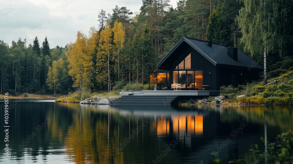 Fototapeta premium Cozy Scandinavian cabin by a lake, with large windows, minimalistic design, and pine trees