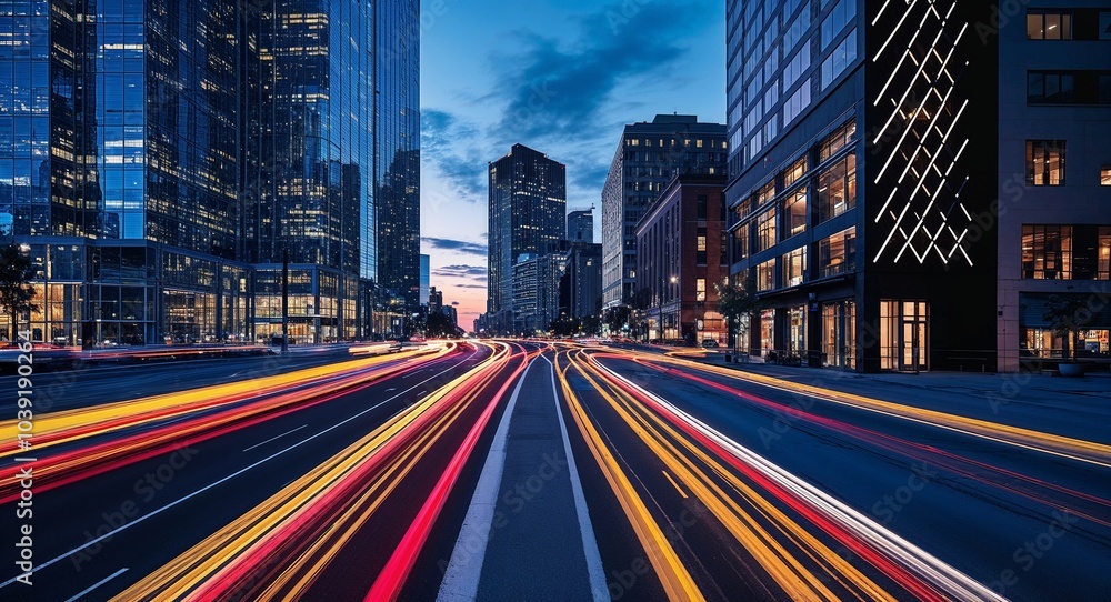 Fototapeta premium vibrant, dynamic cityscape photograph capturing the essence of urban life at dusk. The style is modern and energetic, with a focus on the interplay of light and architecture. 