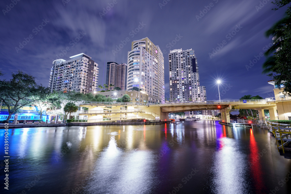 Night city scene Fort Lauderdale Florida 2024 riverwalk Night city scene Fort Lauderdale Florida 2024 riverwalk