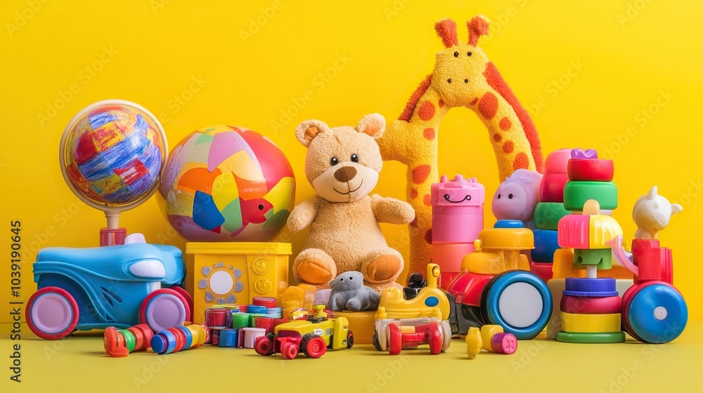 A Collection of Colorful Toys on a Yellow Background A Collection of Colorful Toys on a Yellow Background