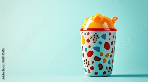 Colorful Sippy Cup with Abstract Design on Blue Background