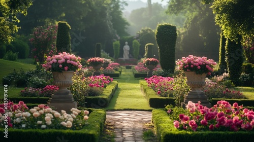 Formal English garden with geometric flower beds, stone statues, and a topiary maze