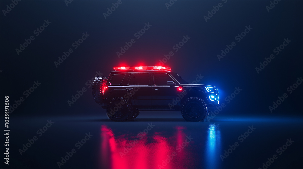 Police SUV with flashing lights on dark background Police SUV with flashing lights on dark background