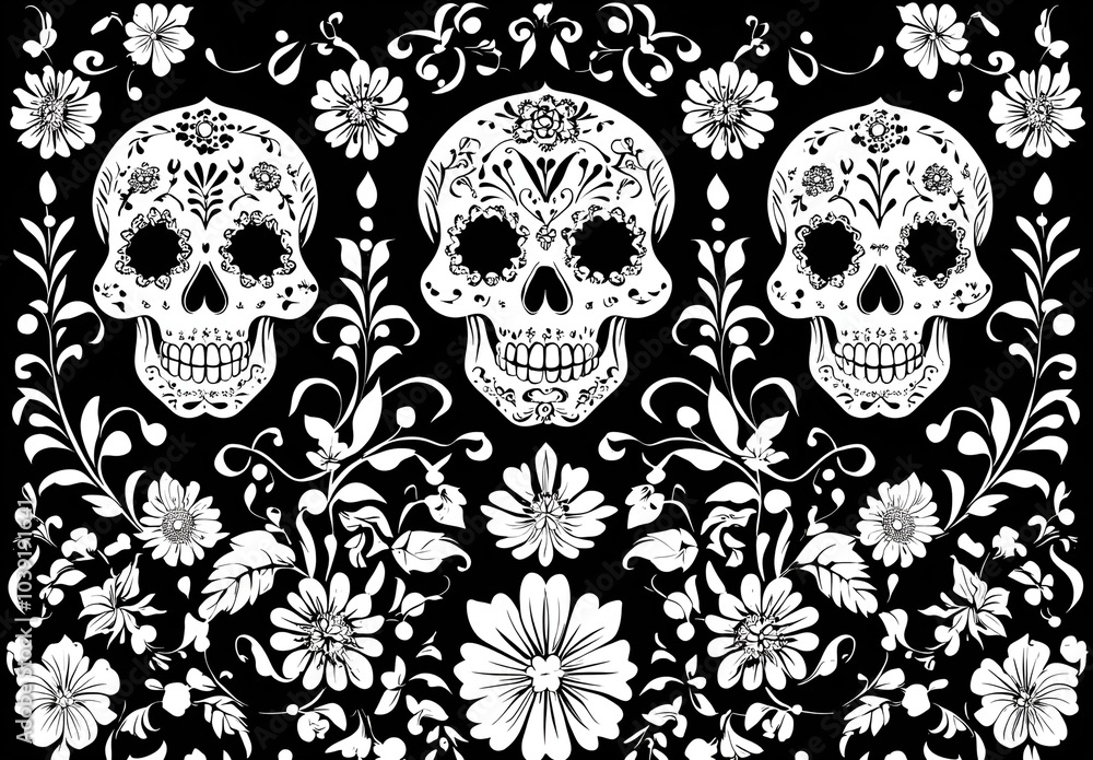 a black and white floral pattern with skulls
a black and white floral pattern with skulls