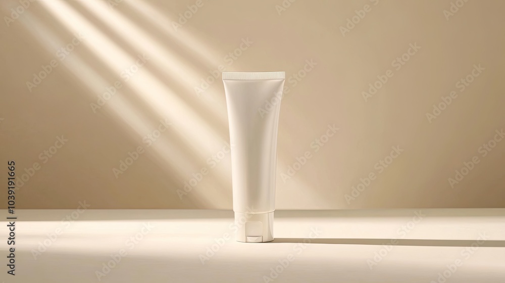 White Cosmetic Tube on a Beige Surface with Sunlight Streaks White Cosmetic Tube on a Beige Surface with Sunlight Streaks