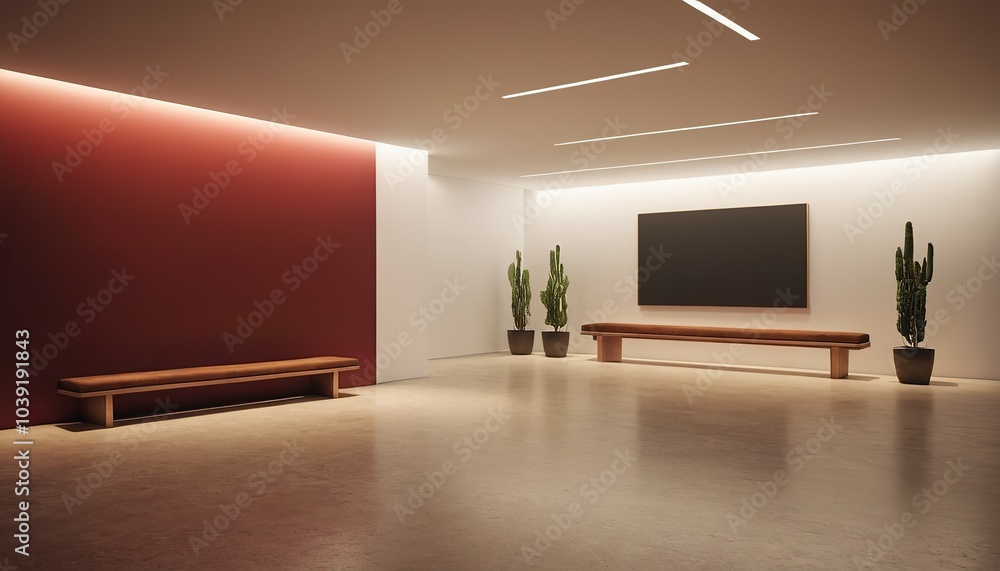 Modern gallery hall with bench and blank wall Performance and presentation concept Mock up 3D Rendering 9 Modern gallery hall with bench and blank wall Performance and presentation concept Mock up 3D Rendering 9