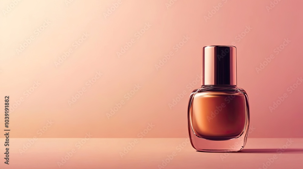 A Single Bottle of Brown Nail Polish with a Gold Cap on a Pink Background A Single Bottle of Brown Nail Polish with a Gold Cap on a Pink Background