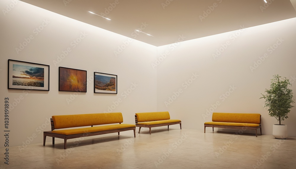 Fototapeta premium Modern gallery hall with bench and blank wall Performance and presentation concept Mock up 3D Rendering 6