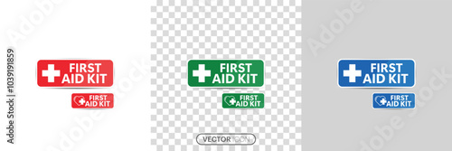 First aid kit icon set. Medical briefcase icon with medical equipment and medications. Horizontal strip shape, sticker. Healthcare concept icon in linear style on a white and transparent background.