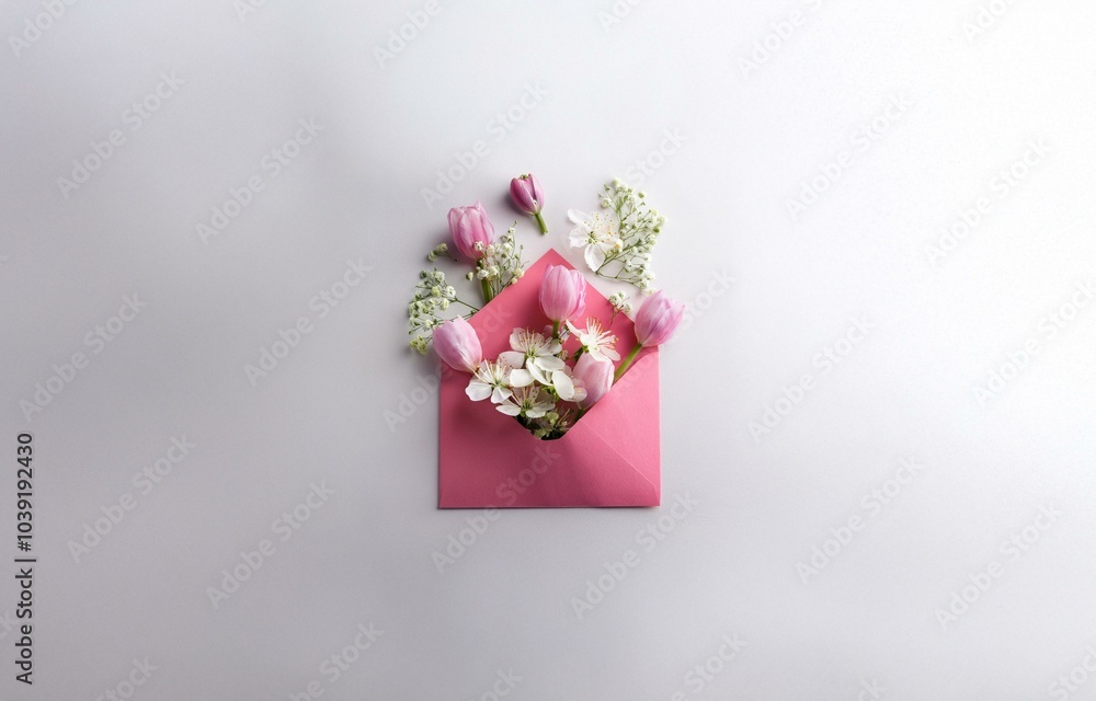 Pink envelope with flowers sticking out. Pink envelope with flowers sticking out.