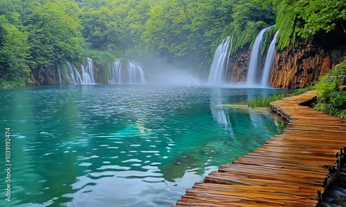 Serene waterfall scene with a wooden path through lush greenery and clear water.