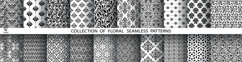 Geometric floral set of seamless patterns. White and black vector backgrounds. Damask graphic ornaments.