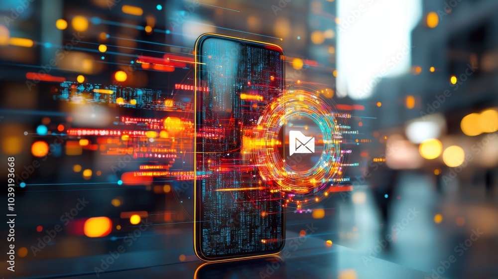 Secure Communication Concept - Mobile Phone with Privacy First Logo Surrounded by Encrypted Data Streams on Blurred City Background Secure Communication Concept - Mobile Phone with Privacy First Logo Surrounded by Encrypted Data Streams on Blurred City Background
