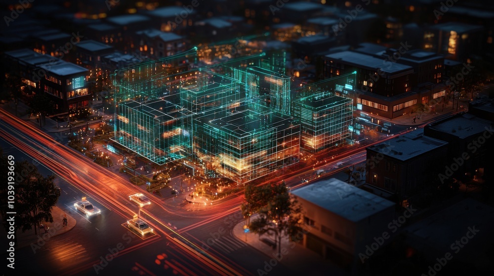 Obraz premium Futuristic High-Tech Urban Environment with Luminescent Data Streams and Privacy Walls