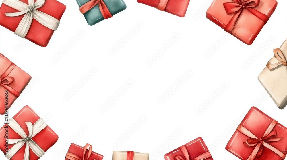 Colorful gift boxes arranged in a circular pattern on a white background.