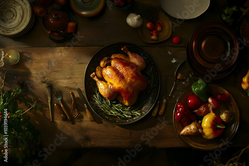 A beautifully arranged feast featuring a roasted chicken and colorful vegetables on a wooden table. Thanksgiving background images and wallpaper.