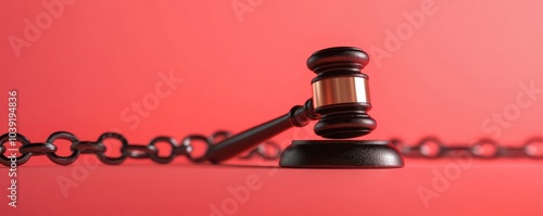 Gavel and chain on red background symbolizing justice and restriction.