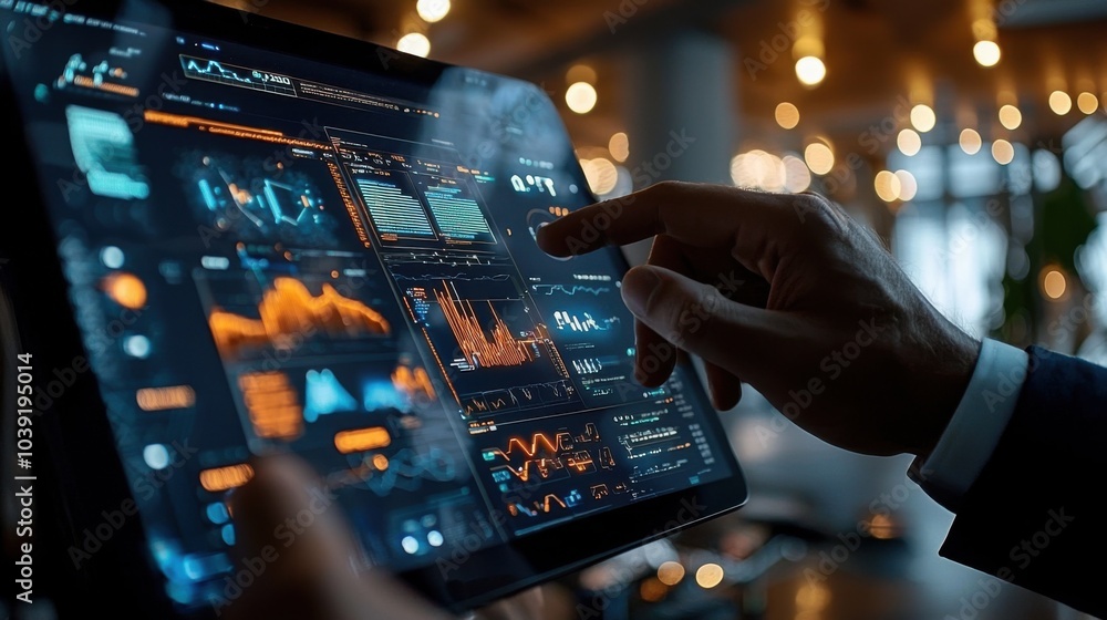 Naklejka premium Modern Businessman Analyzing Data on Smart Screen in Minimalist Conference Room
