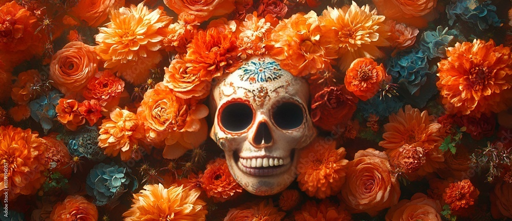 a skull with flowers around it
a skull with flowers around it
