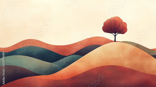 Abstract landscape with geometric hills and a single tree in the foreground, rendered in muted colors with a simple, minimal style