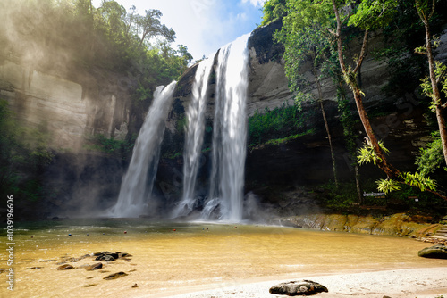 Beautiful images of Huai Luang Waterfall in the morning in Ubon Ratchathani Province